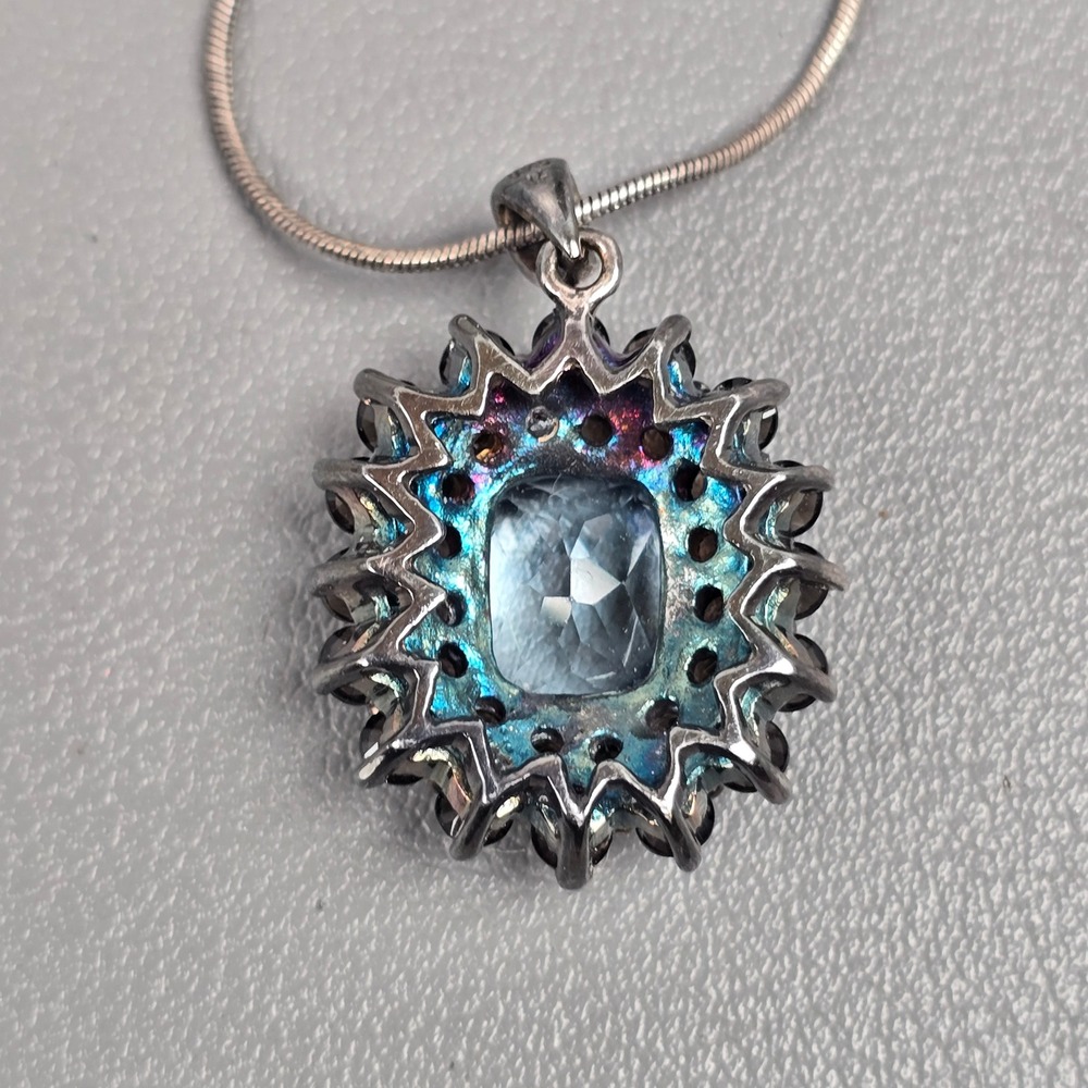 Sterling Silver Blue Topaz & Smoky Quartz Halo Pendant Snake Chain Necklace 17"